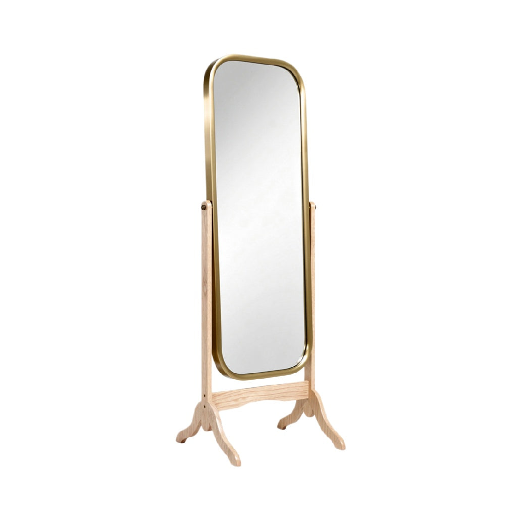Elegant Full-Length Mirror with Gold Trim and Wooden Stand